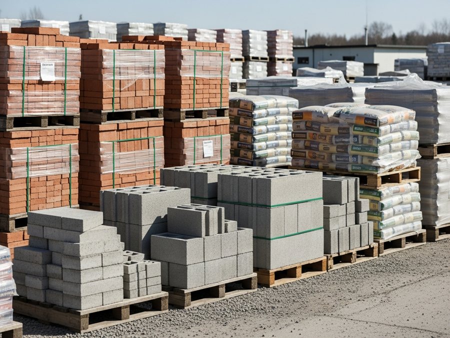 Blocks y cemento en patio de materiales