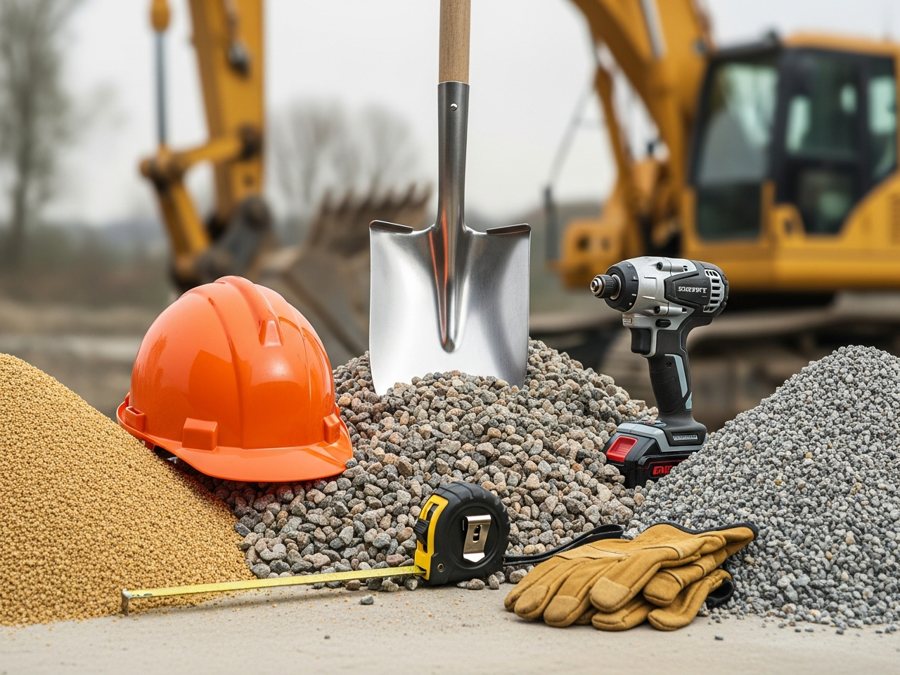 Obra con agregados y herramienta de construcción